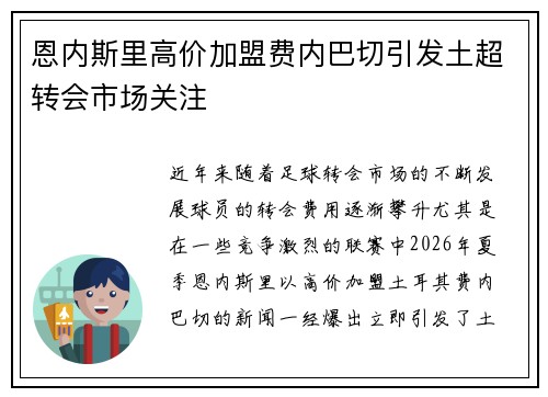 恩内斯里高价加盟费内巴切引发土超转会市场关注 恩内斯里高价加盟费内巴切引发土超转会市场关注